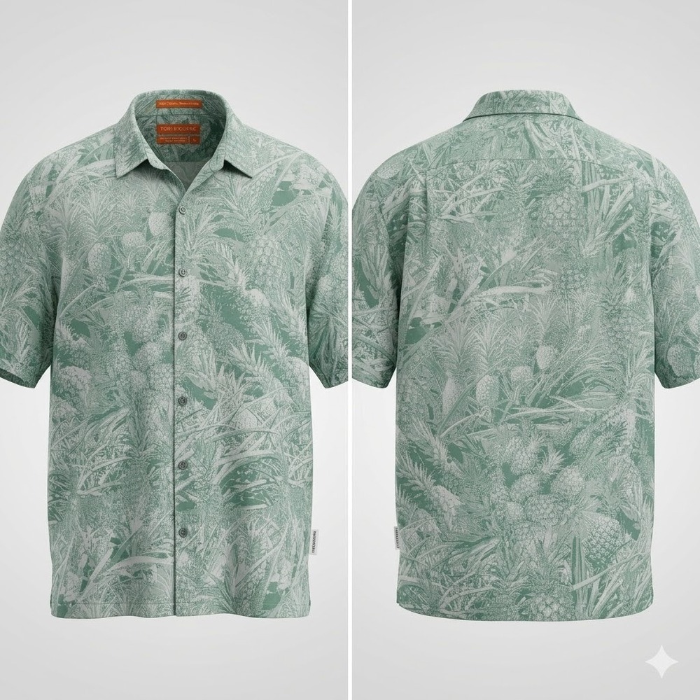 Tori Richard Mens Shirt XL Green Pineapple Jacquard Italian Fabric Hawaii Resort